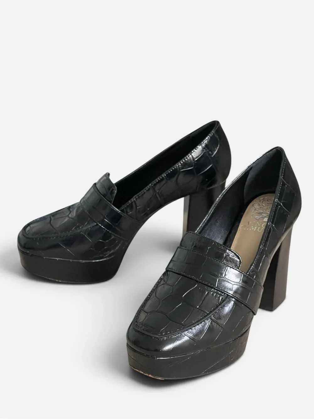Vince Camuto Medrana Black Croc-Embossed Leather Platform Sz 6 High Chunky Heel